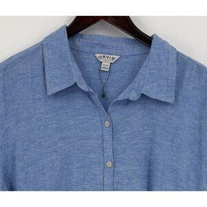 Orvis Women's Blue Linen Blend Button-Up Shirt XXL Long Sleeve Classic Fit